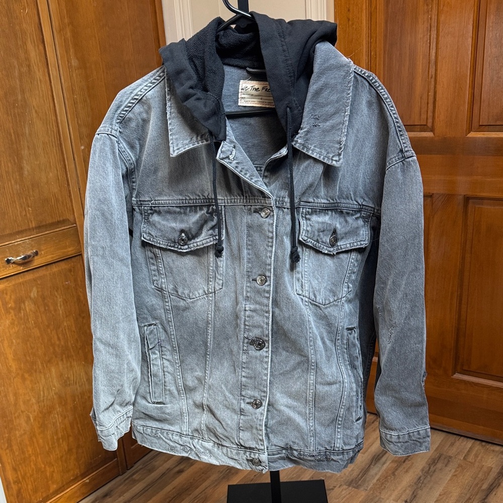 We The Free Gray Denim Jacket with Black Hood - Oversized fit